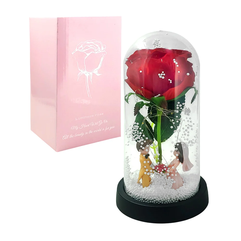 Rosa encapsulada, efecto nevado, figura de novios + luz led, 22cm / j…