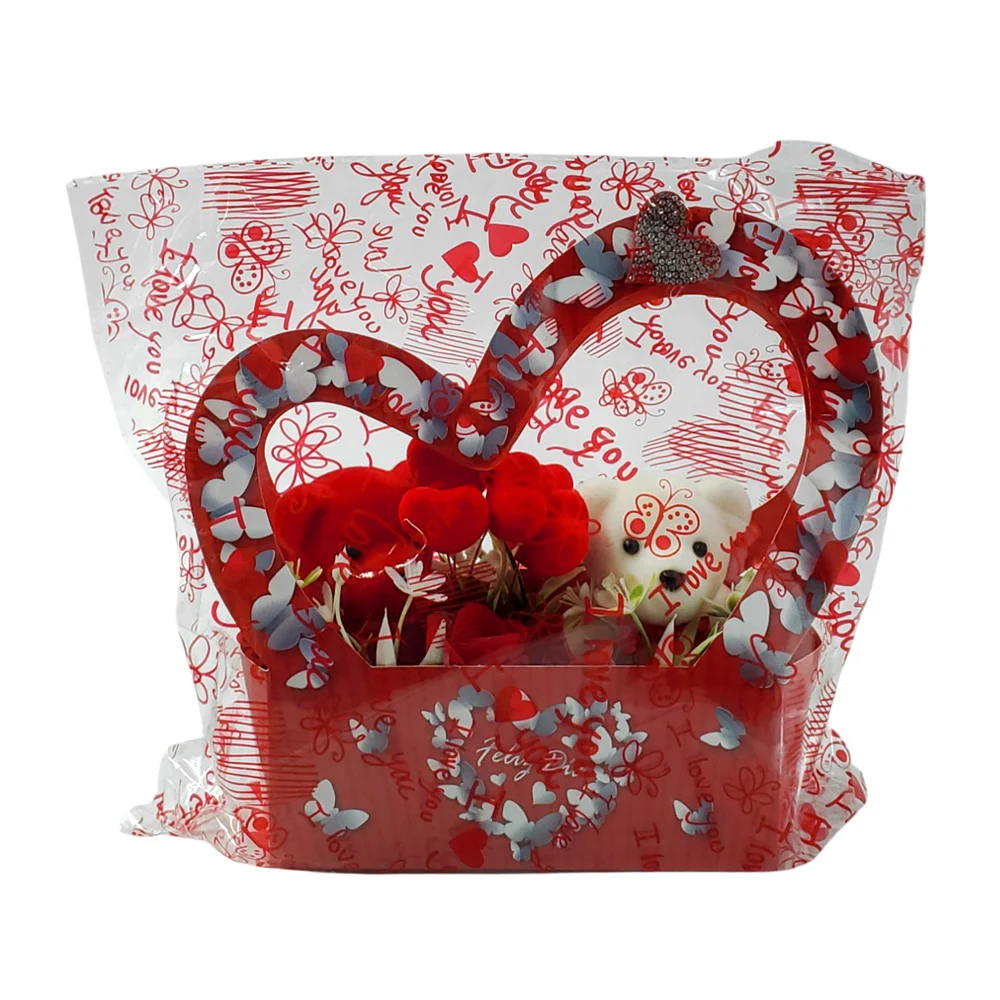 Adorno decorativo tipo canasta, asa corazón, 2 ositos, mini corazones…