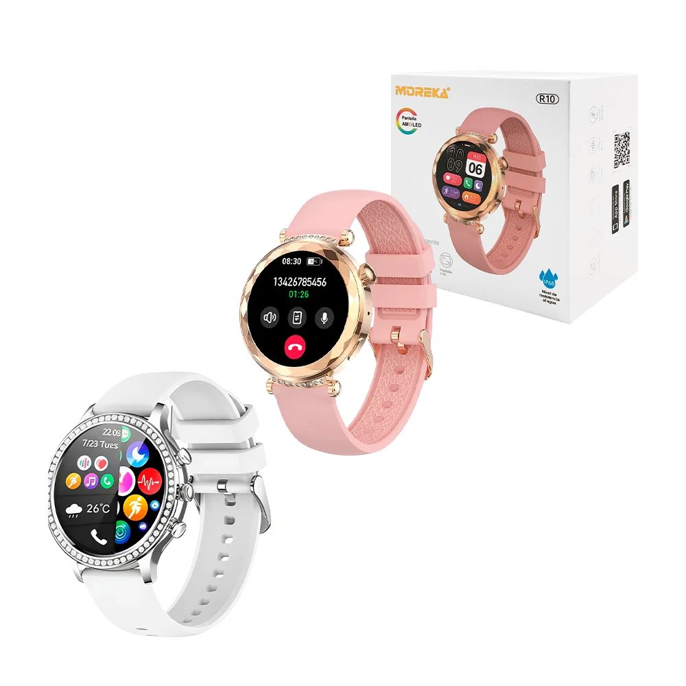 Smart watch moreka, redondo con correa plástica y detalles de pedrería
