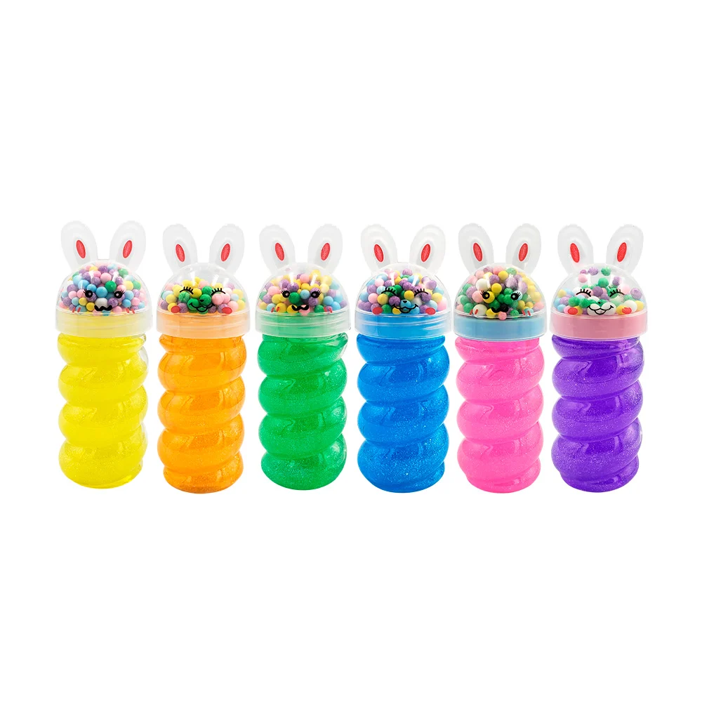Bote espiral con slime brilloso y tapa de conejo con bolitas de colores, 15cm