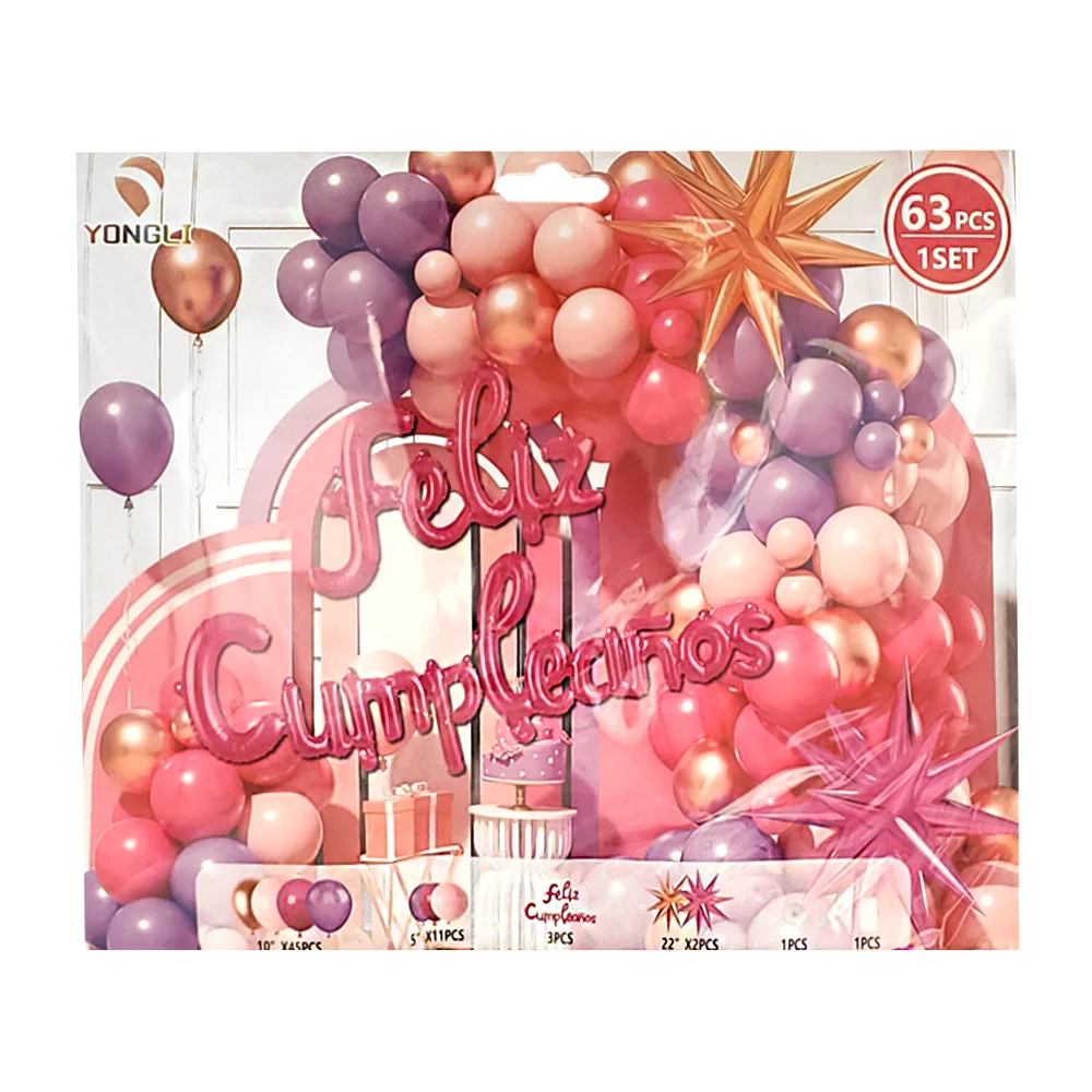 Kit decorativo de 63 pz, feliz cumpleaños en tonos rosas, morados y d…