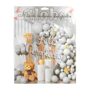 Kit decorativo en tono gris, globo feliz cumpleaños + cortina bicolor…