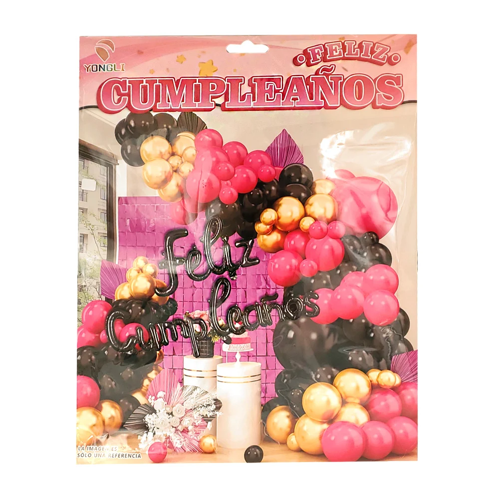 Kit decorativo feliz cumplaños, en tonos negro, rosa y dorado + corti…