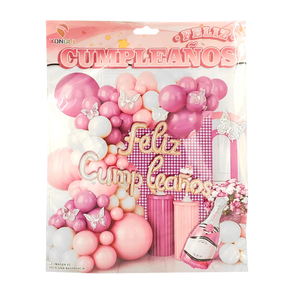 Kit decorativo feliz cumpleaños en tonos rosa y morado + globo de bot…