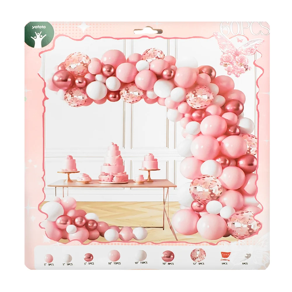 Paquete de 60 globos, rosa, blanco, con confeti rosa, pegamento y guia