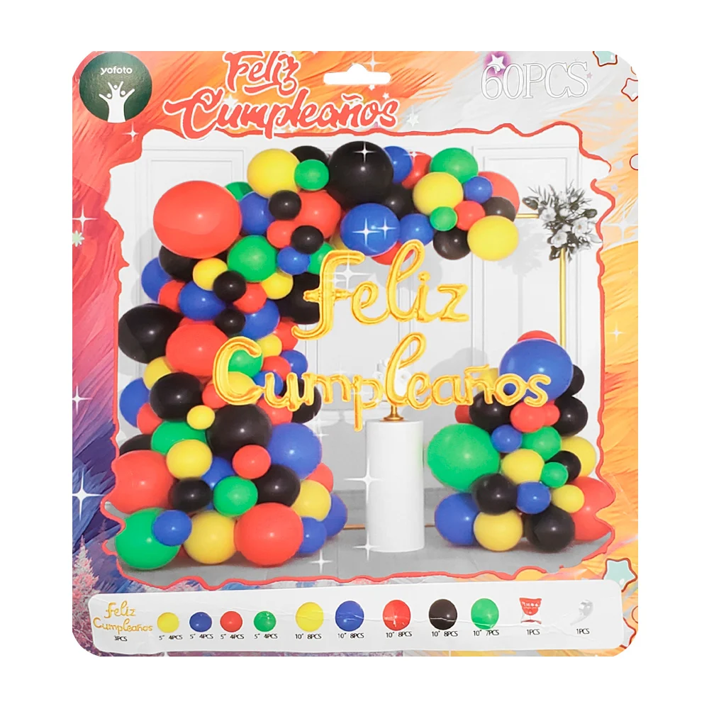 Paquete con 60 globos multicolor, globo feliz cumpleaños dorado, pega…