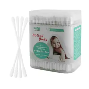 Bote transparente con 240 cotonetes blancos de bambú con doble punta