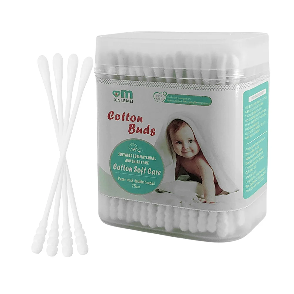 Bote transparente con 240 cotonetes blancos de bambú con doble punta