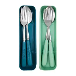 Estuche con cuchara y tenedor color plata, mango con diseño de panal,…