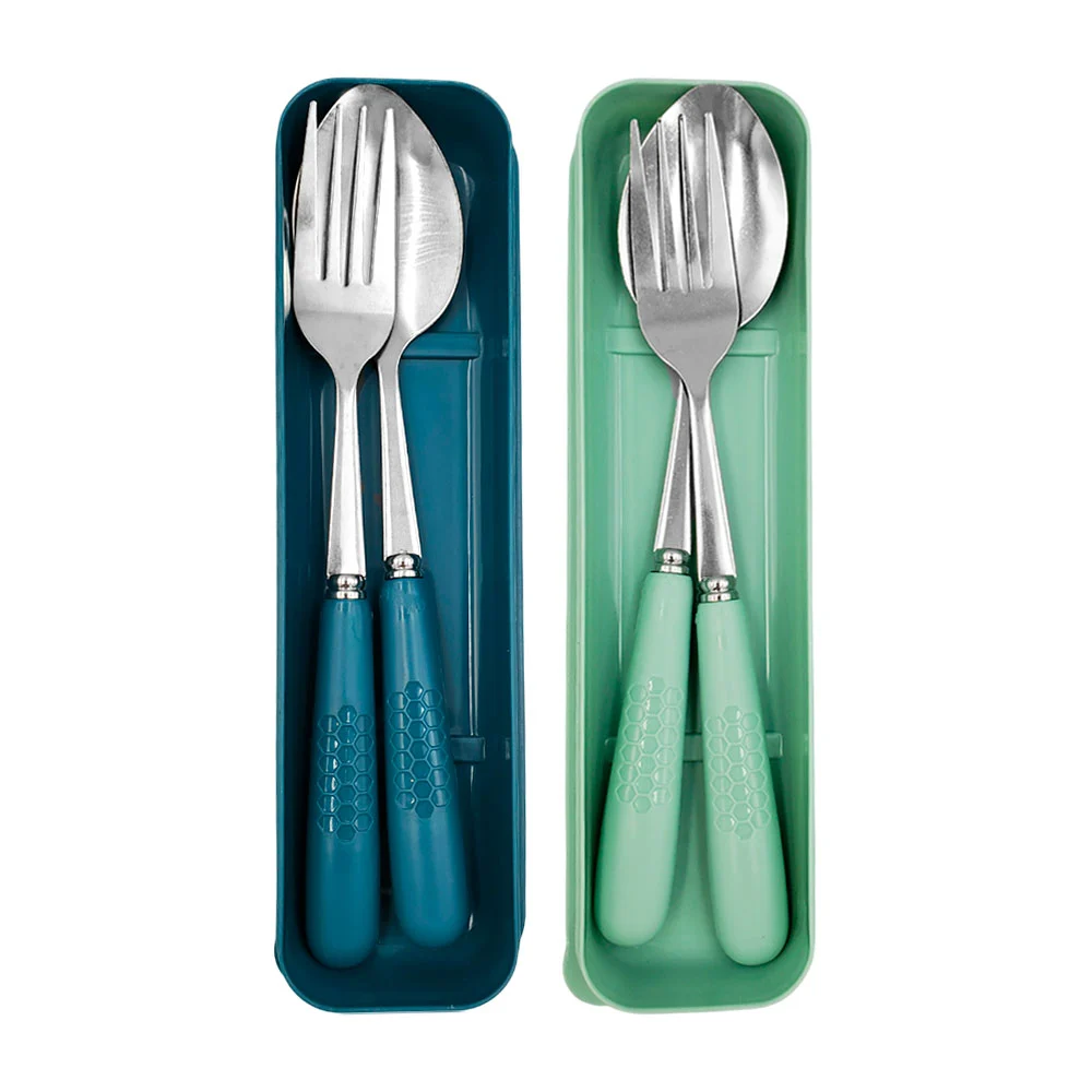 Estuche con cuchara y tenedor color plata, mango con diseño de panal,…