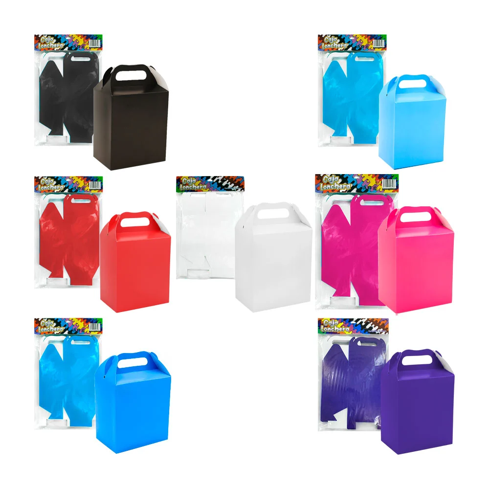 Paquete con 10 cajas loncheras de cartón y agarradera en colores liso…