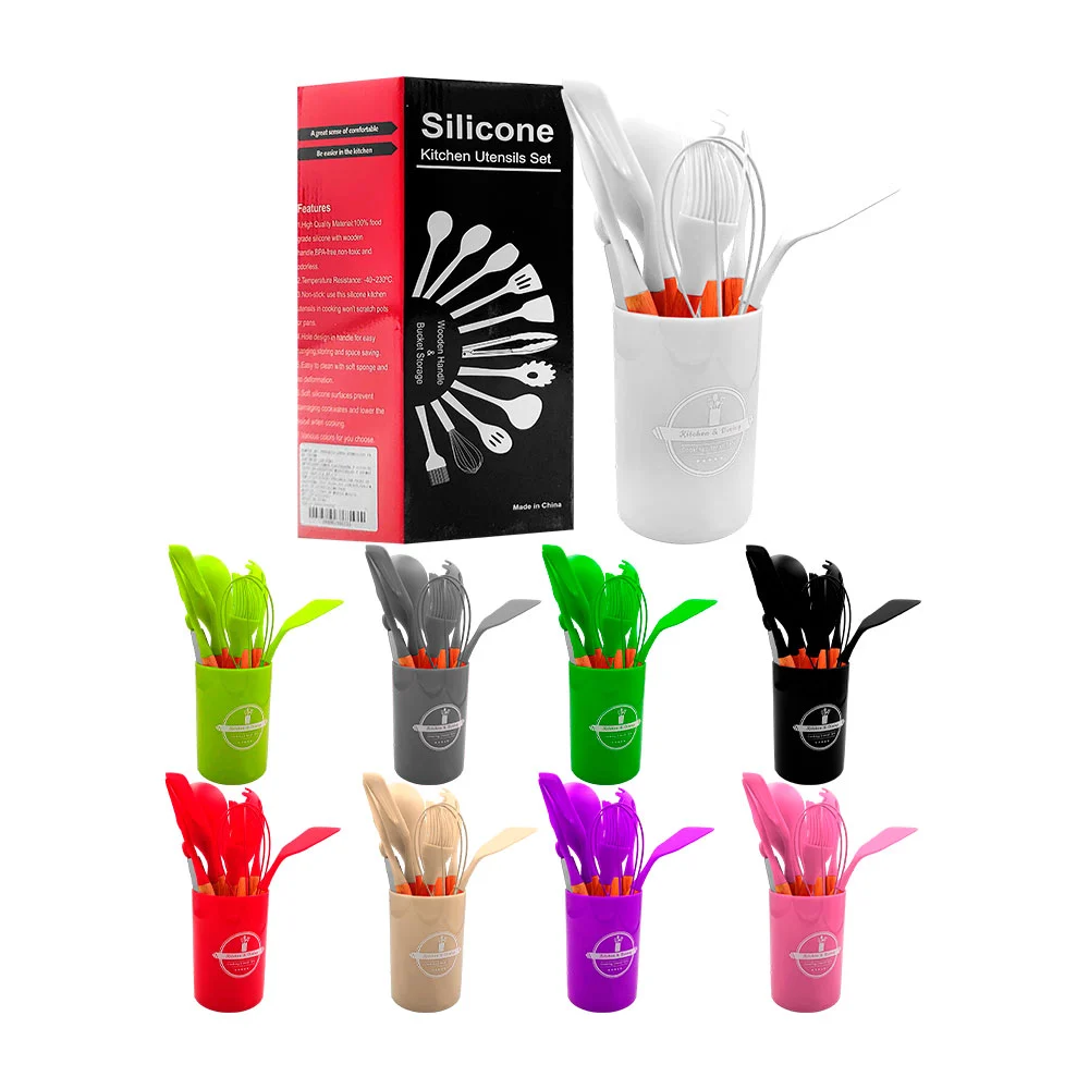 Set con 12 utensilios de silicón para cocina con mangos de madera / 1…