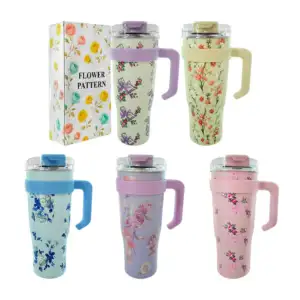 Vaso termo con estampado florar de 40oz con doble boquilla y asa, var…