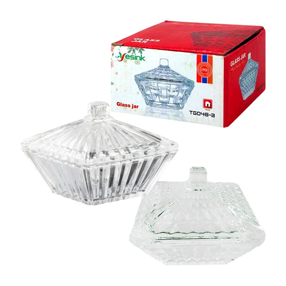 Recipiente de vidrio tipo azucarera con tapadera en forma cuadrada / …