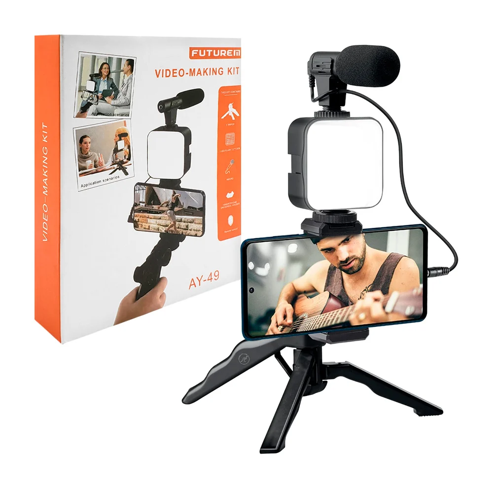 Kit de vloggin, micrófono con trípode mano, luz de relleno y soporte …