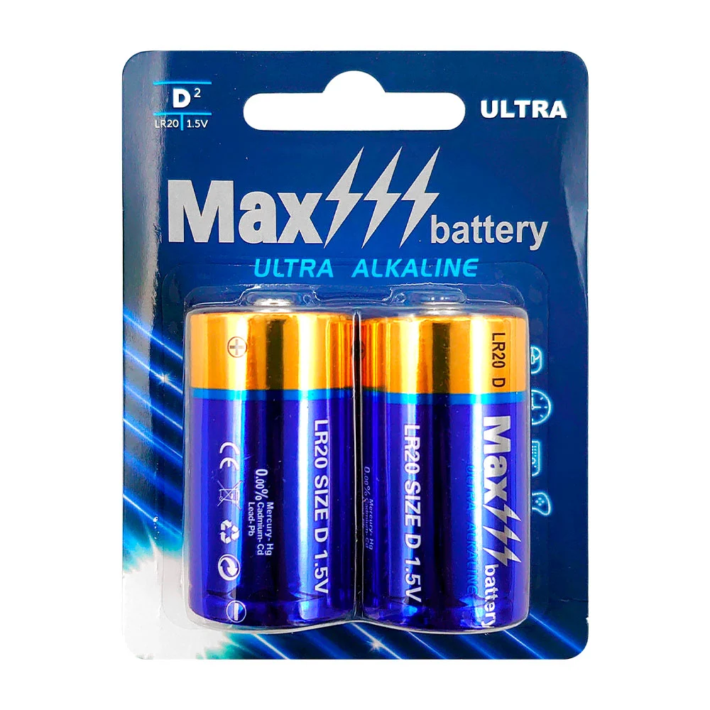 Blíster con 2 pilas / baterías max battery en tamaño D ultra alcalinas