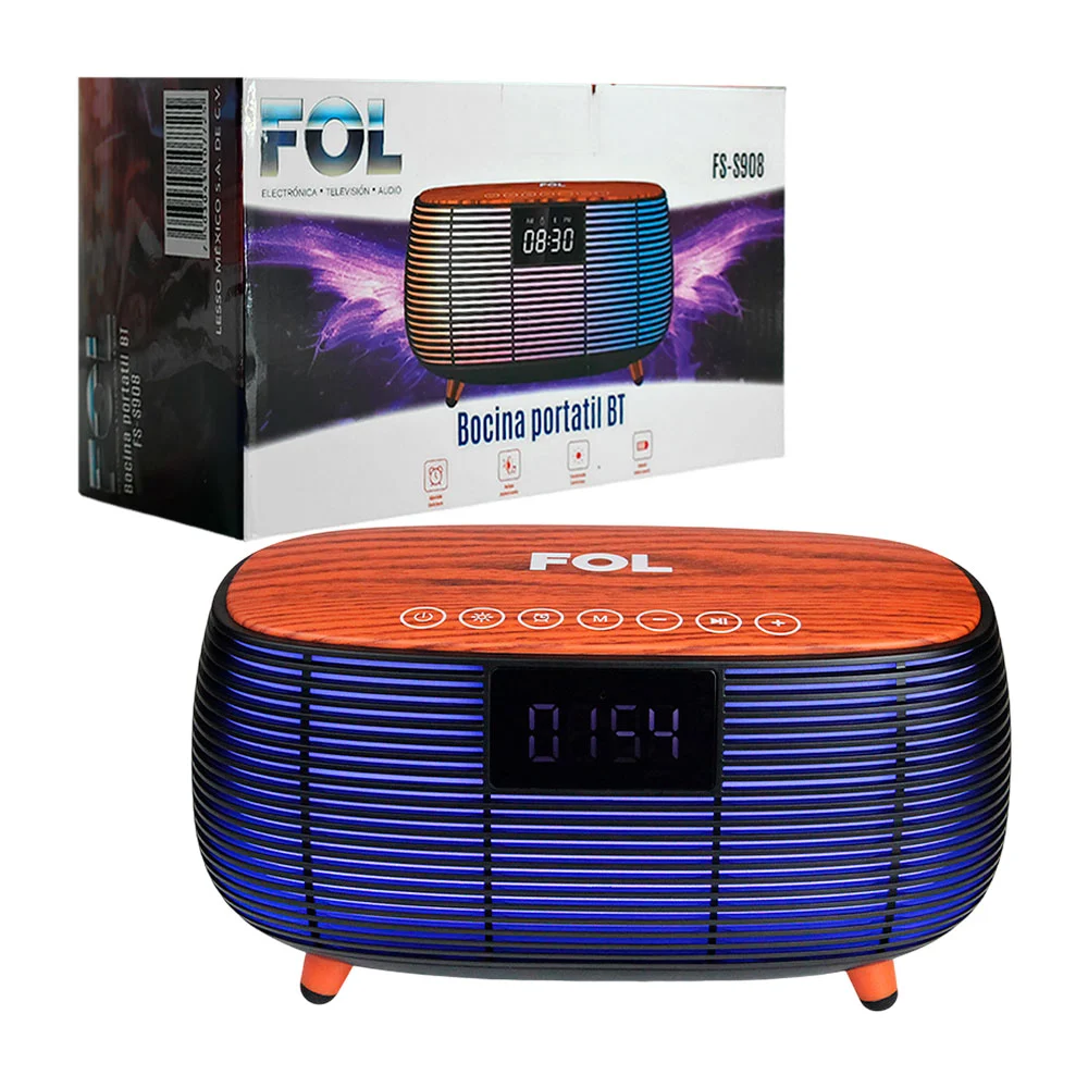 Bocina fol con sonido estéreo, luz rgb, diseño vintage + reloj alarma…