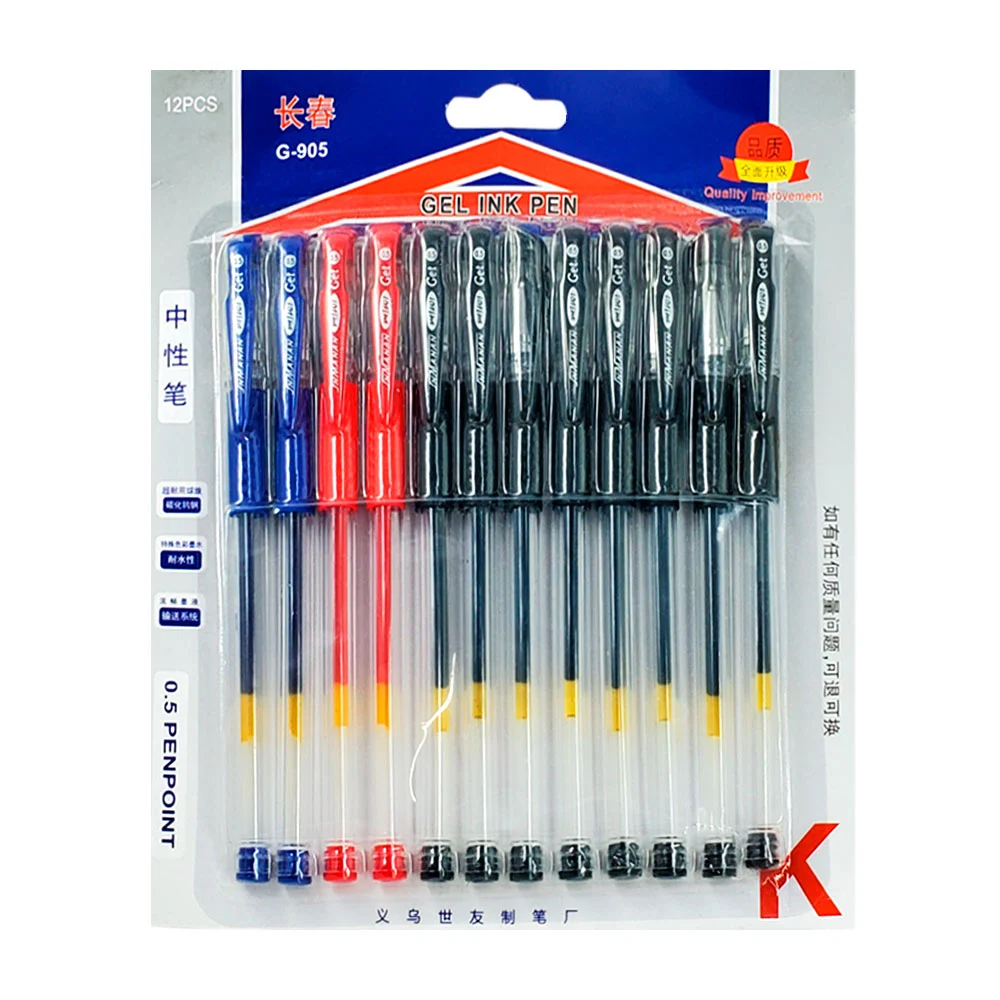 Paquete con 12 plumas de gel, 8 tinta negra, 2 rojas y 2 azules, punt…