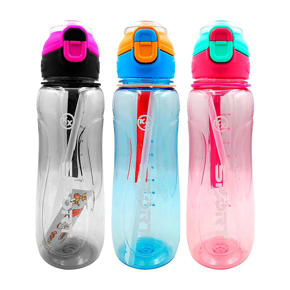Botella de plástico sport con popote y stickers, 850ml, variedad de c…