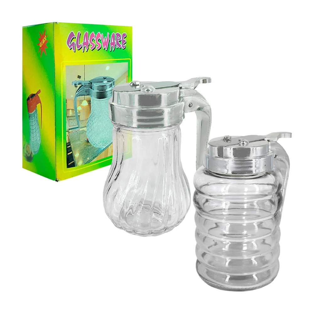 Frasco dispensador de cristal con agarradera metálica para miel / glassware