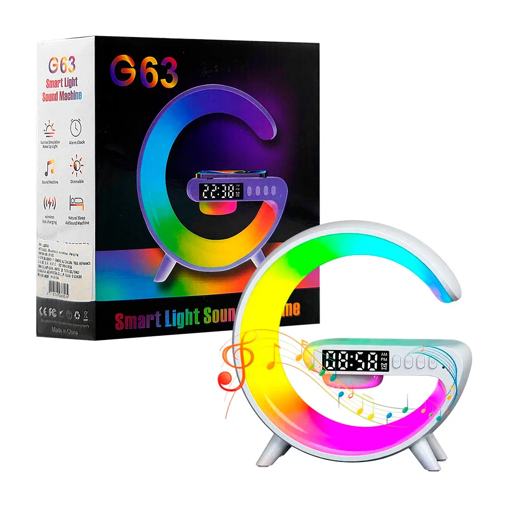 Mini bocina en forma de g, luz rgb con reloj despertador y cargador m…