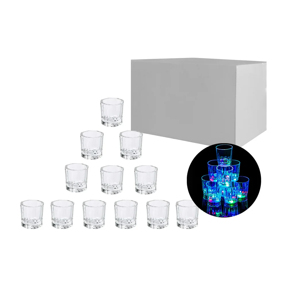 Caja con 12 mini vasos tipo caballito de plástico, luz led en la base…