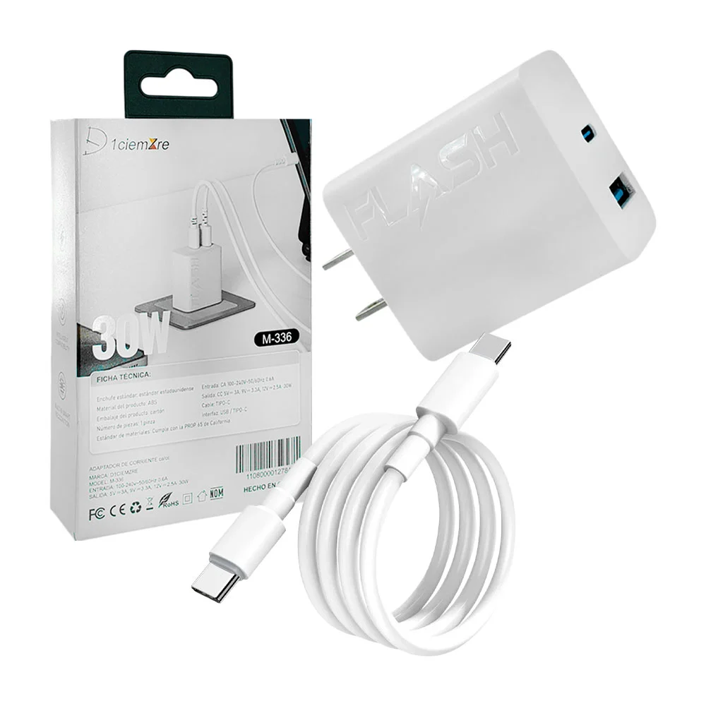 Combo cargador de 30w cubo con entrada usb a usb-c + cable de 1m tipo…