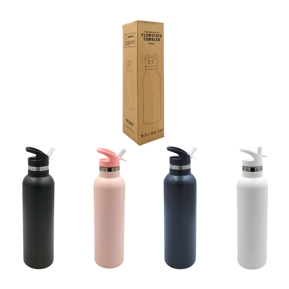 Botella termo cilíndrica, acero inoxidable con popote, diseño deporti…