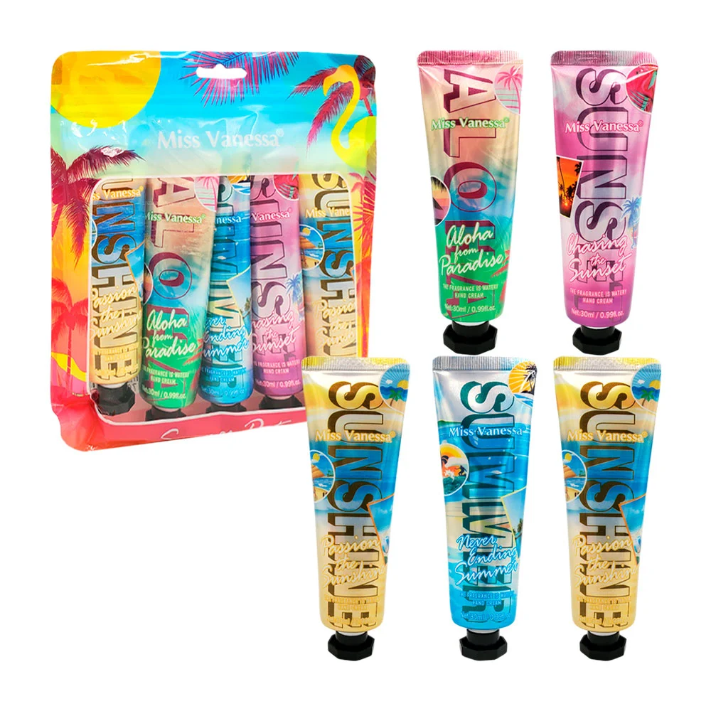 Paquete con 5 cremas para manos de 30ml, variedad de aromas tropicales