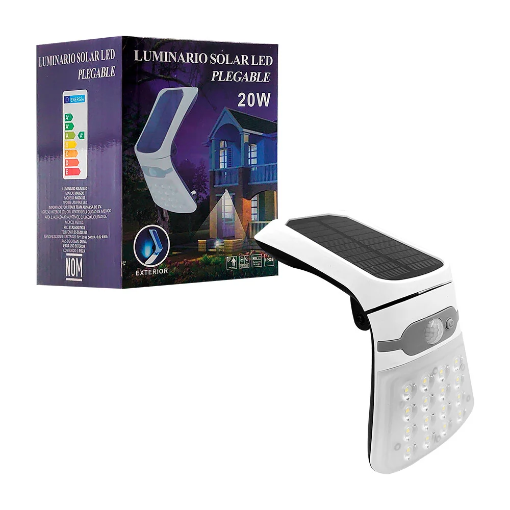 Lámpara plegable con panel solar de 20w, sensor de movimiento, ángulo…