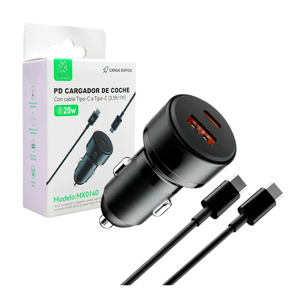 Cargador para coche, puerto usb + c, cable tipo c a c / mx0140