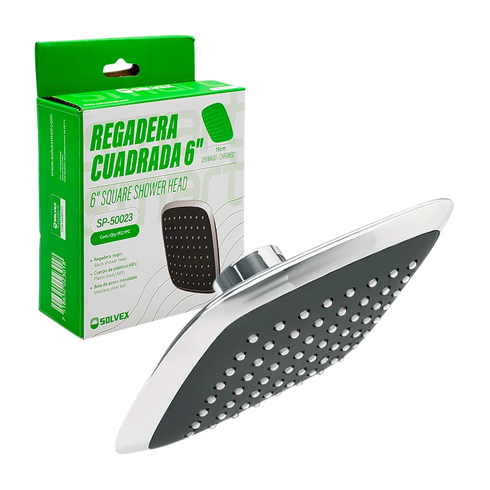 Regadera cuadrada solvex, 6in negra con detalles cromados / sp-50023