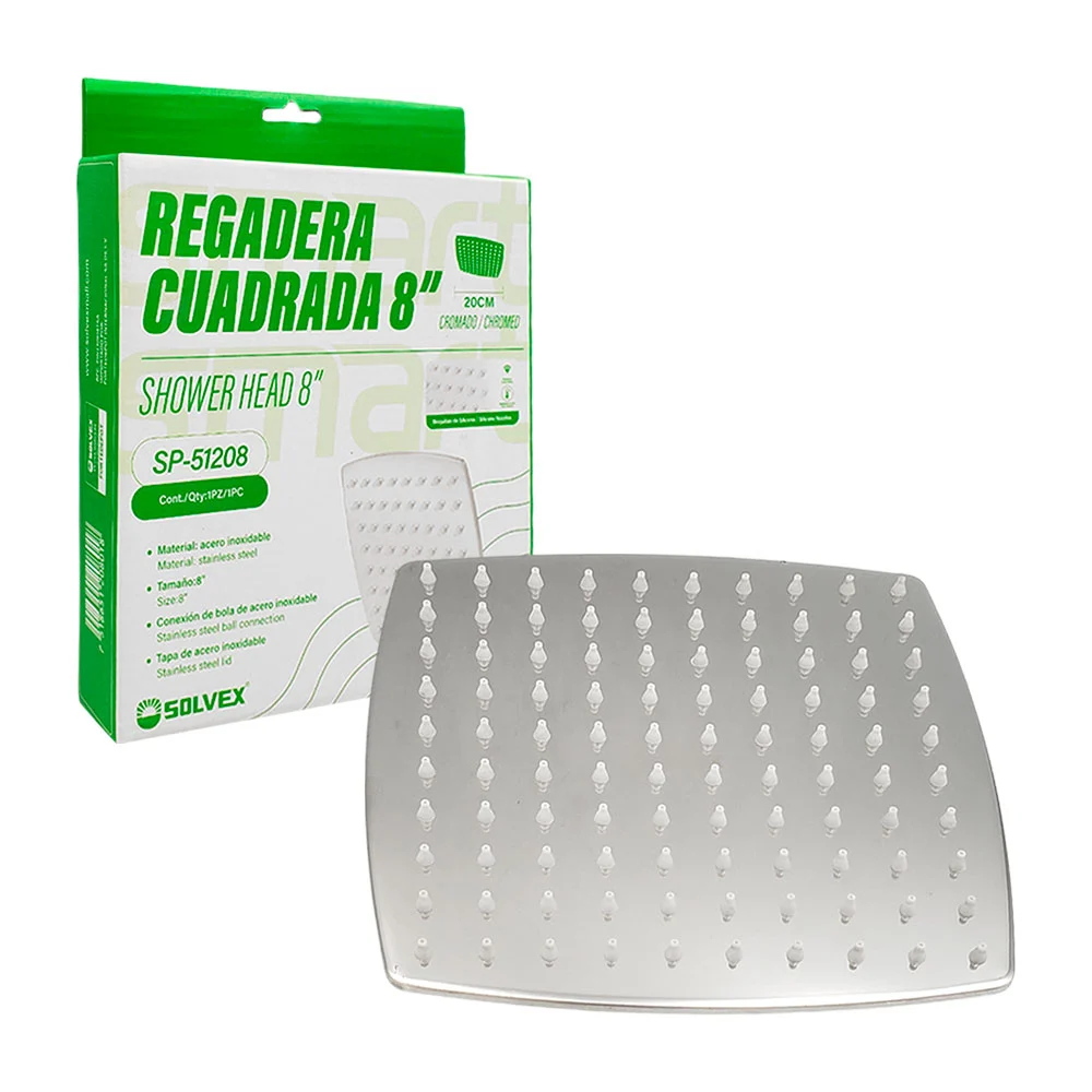 Regadera cuadrada solvex de 8in, acero inoxidable cromado y boquillas…