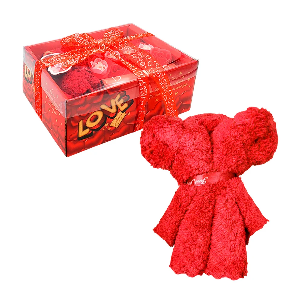Caja con 12 rosas artificiales, pergamino + toalla en forma de oso, v…