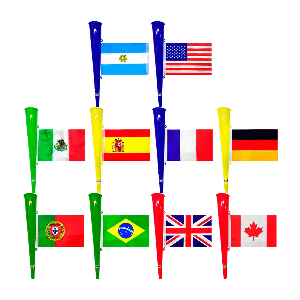 Trompeta corneta de plástico, 36cm + bandera colgante, varios modelos…