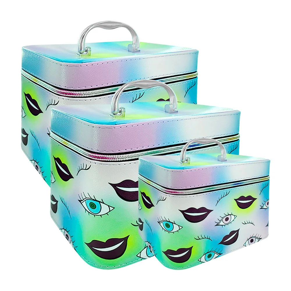 Juego de 3 cosmetiquera rectangulares con estampado de ojos y labios