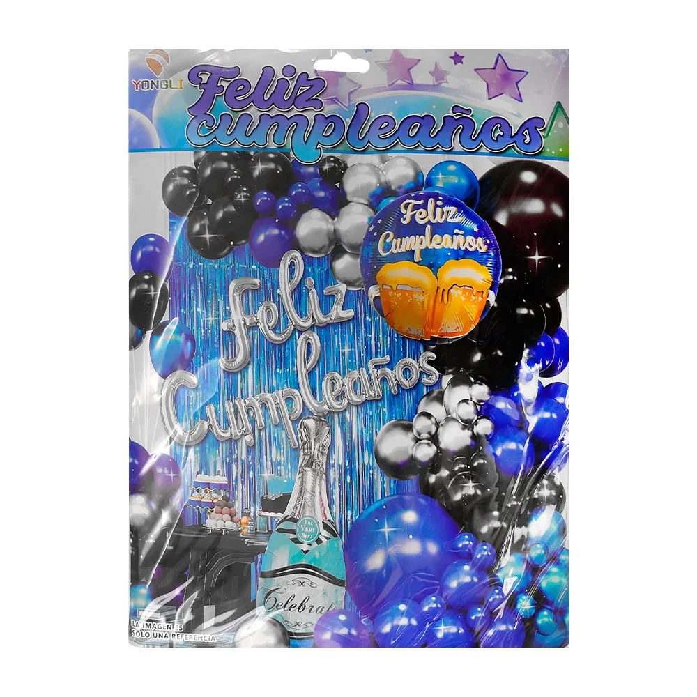 Kit decorativo feliz cumpleaños 51 pz + cortina metálica y globo de b…