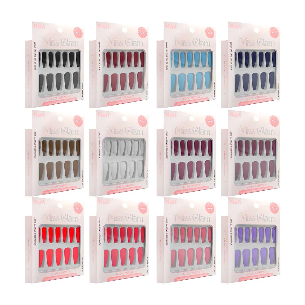 Set de 12 uñas postizas lisas miss glam, variedad de tamaños y colores