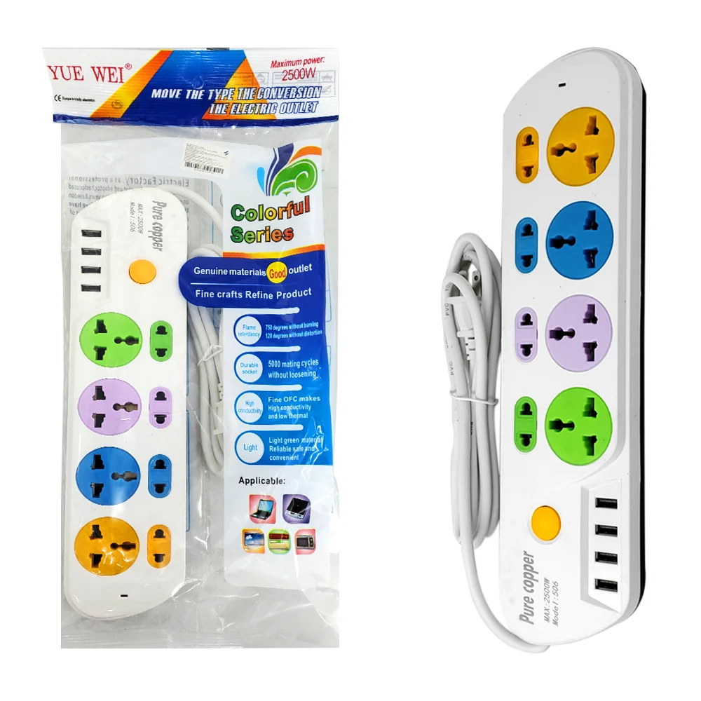Barra multicontacto con 4 tomacorrientes, 4 puertos usb y botón de ap…