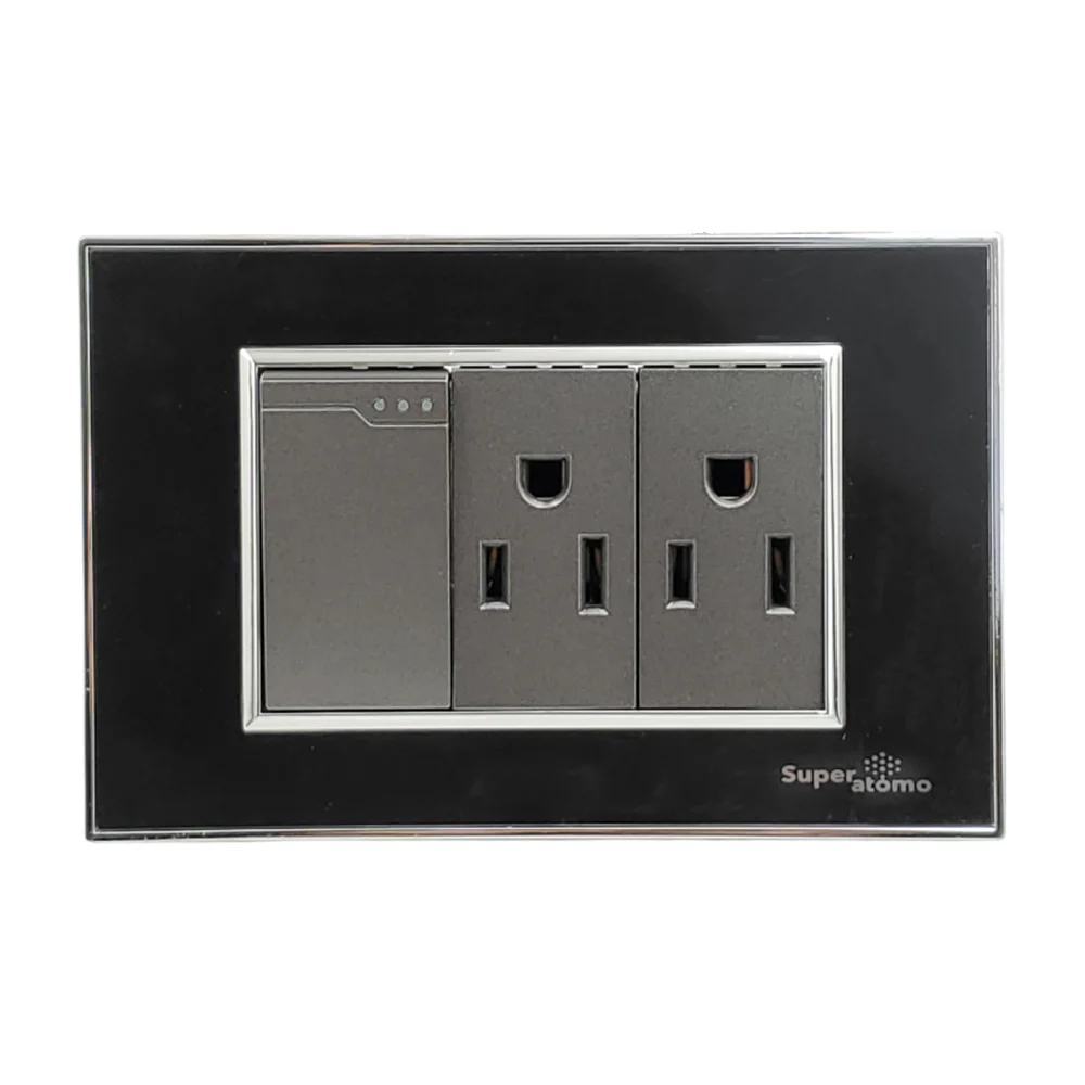 Placa en color negro estilo minimalista con 1 apagador y 1 contacto d…