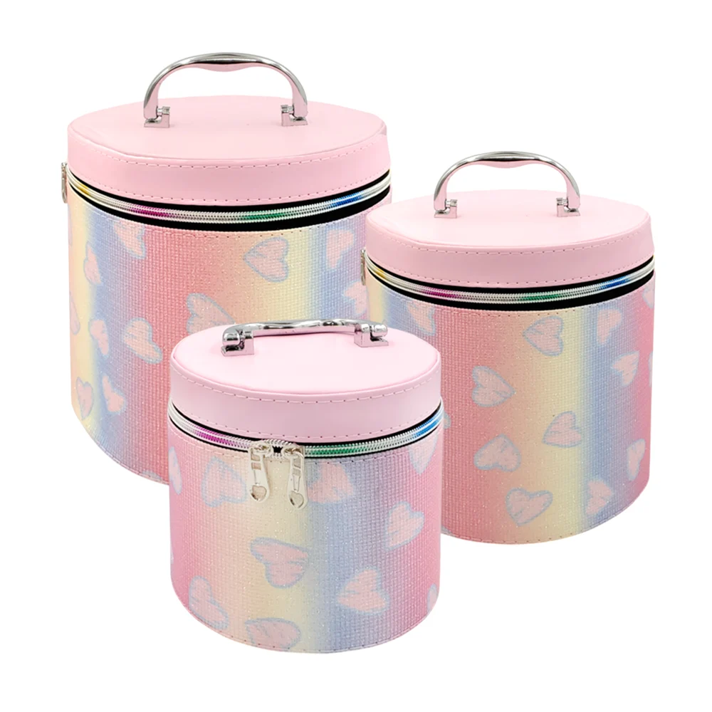 Juego de 3 cosmetiqueras cilíndricas con estampado de corazones con b…