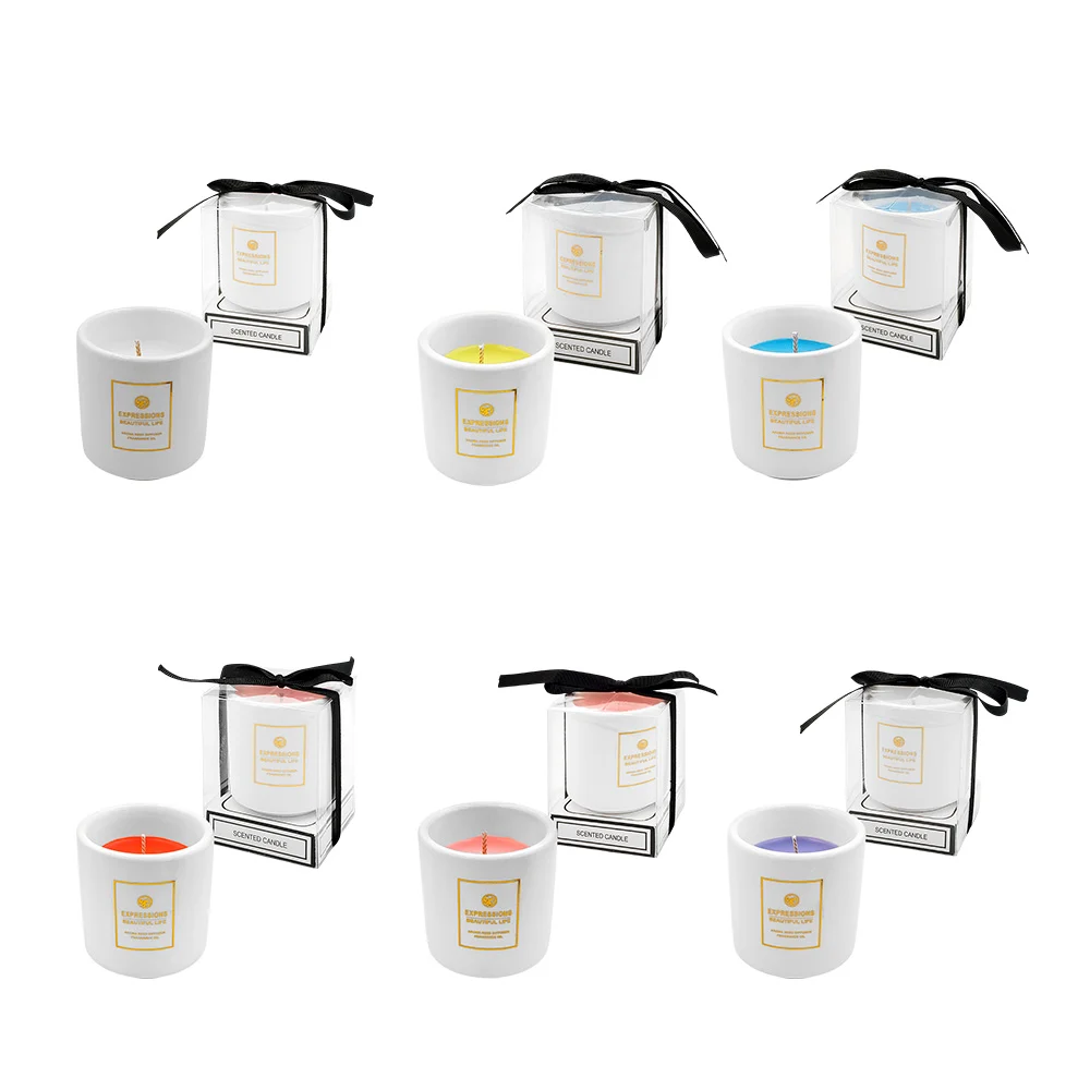 Vela aromática con escencias relajantes, vaso de cerámica blanco, var…
