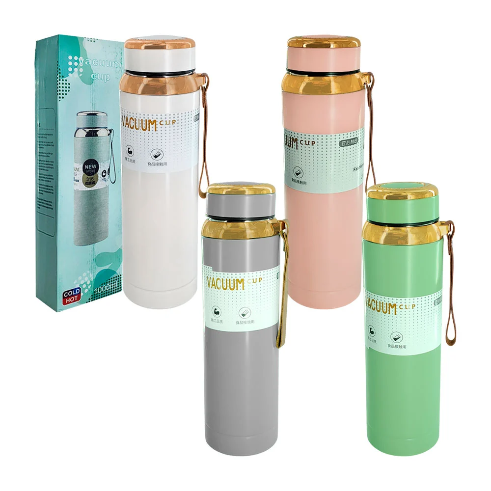 Botella termo sport de 1000ml con detalles metálicos y asa de piel, v…