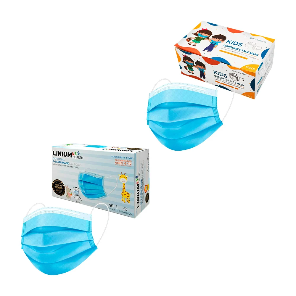 Caja con 50 cubrebocas tricapa infantil en color azul / linium kids h…