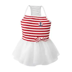 1pza Vestido para mascotas con patrón de rayas y encaje en forma de f…