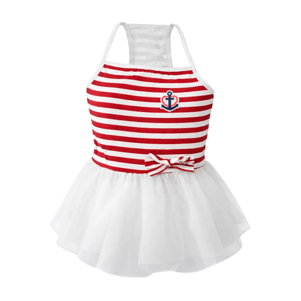 1pza Vestido para mascotas con patrón de rayas y encaje en forma de f…