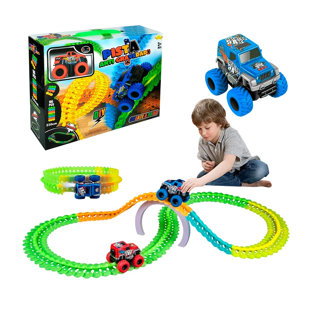 Pista magica armable de 96pcs y carro con luces, variedad de colores …