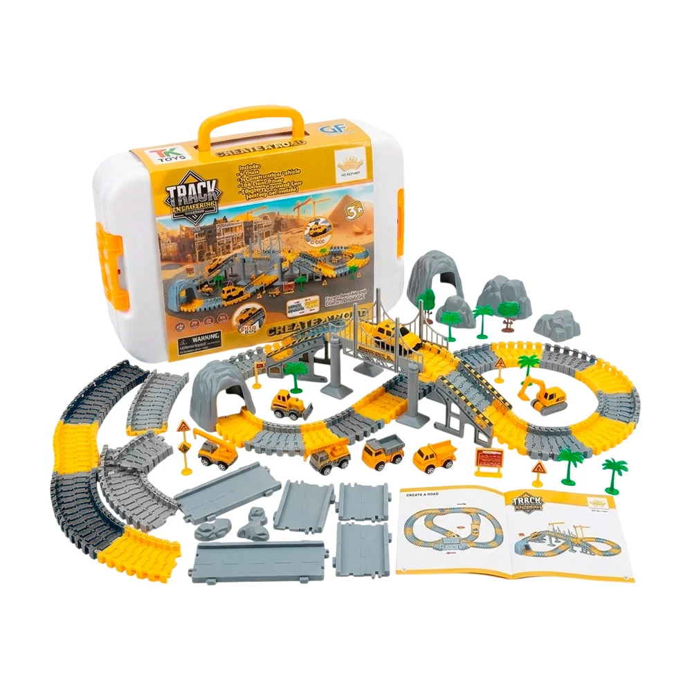 Pista armable con 144 piezas + 3 vehículos de construcción, carro de …