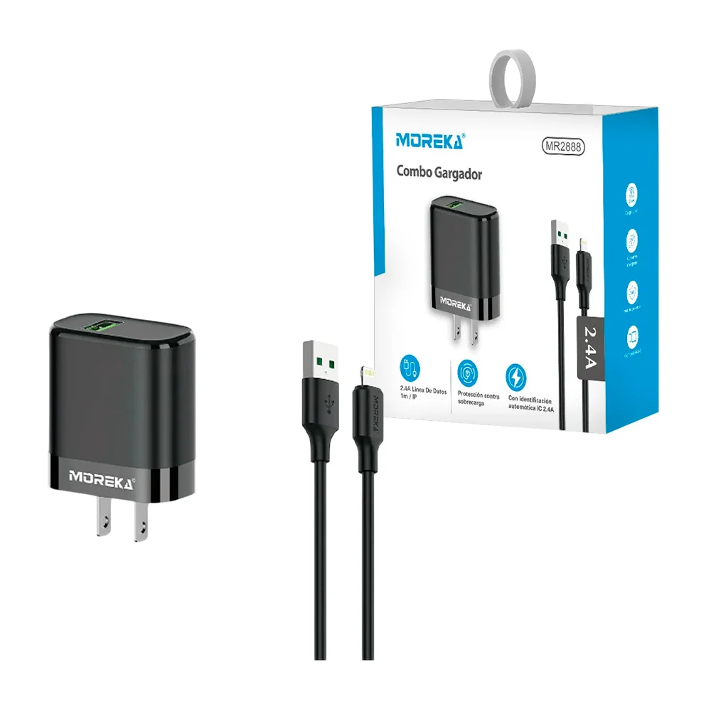 Combo moreka cubo cargador con puerto usb + cable usb a tipo lightnin…