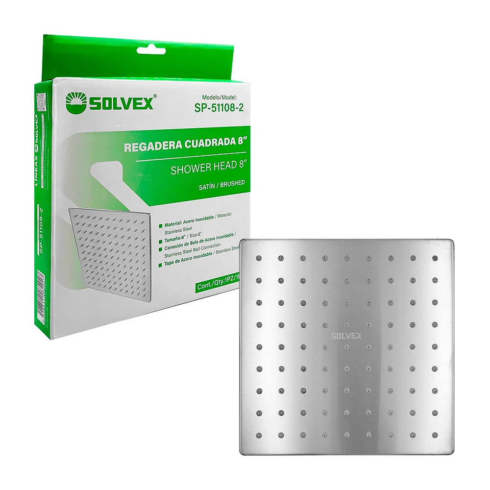 Regadera cuadrada solvex de 8 pulgadas de acero inoxidable / sp-51108…
